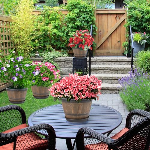 8-inch-Plant-Pots-Indoor-Outdoor, 4 Pack Whiskey Barrel Planters with Drainage Holes & Saucer, Plastic Flower Pots Imitation Wine Barrel Design, Decorative Garden Pots for Plants (4 Count)