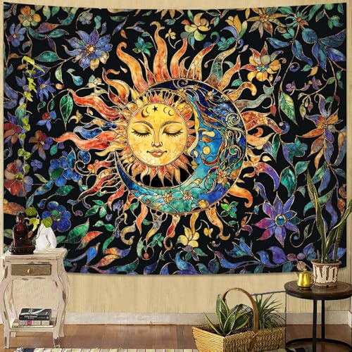 Sun and Moon Tapestry for Bedroom Boho Hippie Floral Wall Tapestry Aesthetic Vintage Stained Glass Plant Large Tapestries Wall Hanging for Living Room Dorm 80 x 60 Inch
