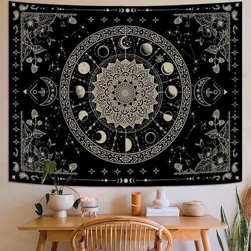 Mandala Moon Tapestry Boho Tapestry for Bedroom Black Tapestries Wall Hanging Living Room Wall Art and Home Decor 70x90