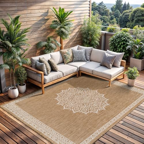 Outdoor Rug 6x9 Medallion Natural Modern Area Rugs for Indoor and Outdoor Patios Kitchen and Hallway Mats Washable Porch Deck Outside Carpet (60 Sq Ft)