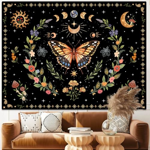 Boho Butterfly Tapestry Flower Moon Wall Tapestry