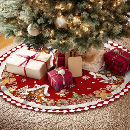 Red Gingerbread Christmas Tree Skirt Decorations House Decor Christmas Gingerbread Tree Ornaments Holiday Party Indoor Outdoor Xmas Trees Mat 48 inches