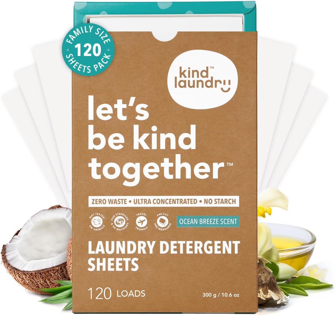 Kind Laundry Detergent Sheets with Stain-Fighting Enzymes - Plant Powered Eco-Friendly Laundry Soap Sheets - Home or Travel Laundry Detergent - Ocean Breeze, 120 Loads (Mom's Choice Award Winner) - HavenBliss Decor