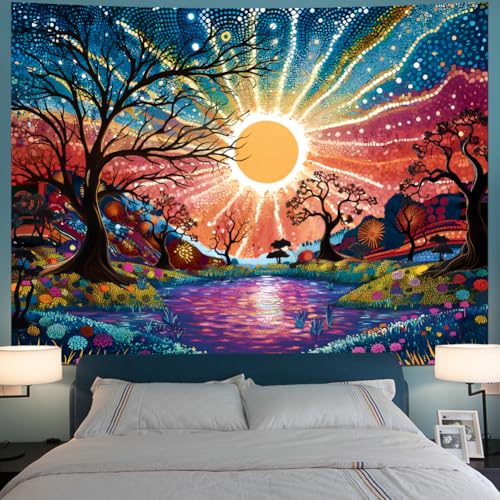 Tree of Life Tapestry Trippy Sun Forest Tapestries Colorful Starry Sky Tapestries Hippie Nature Landscape Tapestry Wall Hanging for Living Room Bedroom