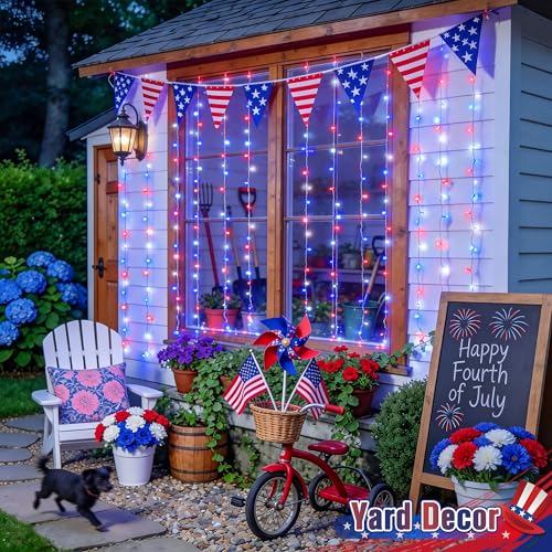 300LED Red White & Blue Curtain Lights for 4th of July (9.8 Foot)
