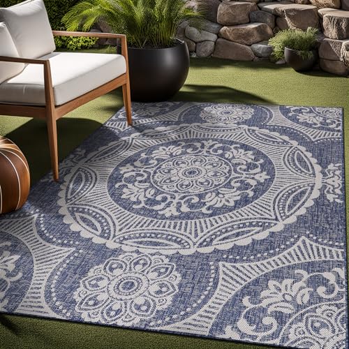 Medallion Outdoor Rug 8x10 Washable Outside Carpet for Indoor Patio Porch Waterproof Easy Cleaning Non Shedding Area Rugs Blue 8 x 10