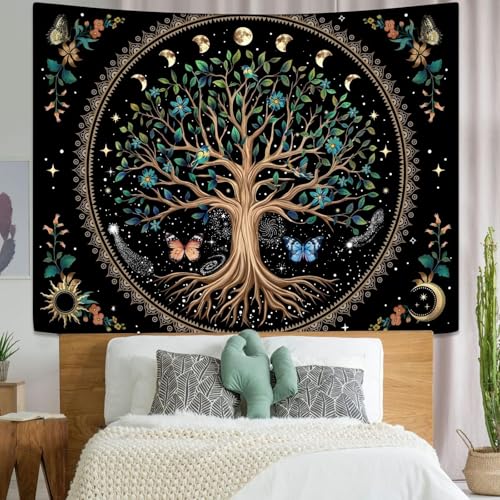 Tree of Life Tapastry Sun and Moon Tapastry Flower Boho Tree Mandala Wall Hanging for Bedroom and Living Room Decor Green Tree 70×90 Inches