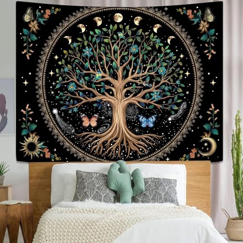 Tree of Life Tapastry Sun and Moon Tapastry Flower Boho Tree Mandala Wall Hanging for Bedroom and Living Room Decor Green Tree 60×80 Inches