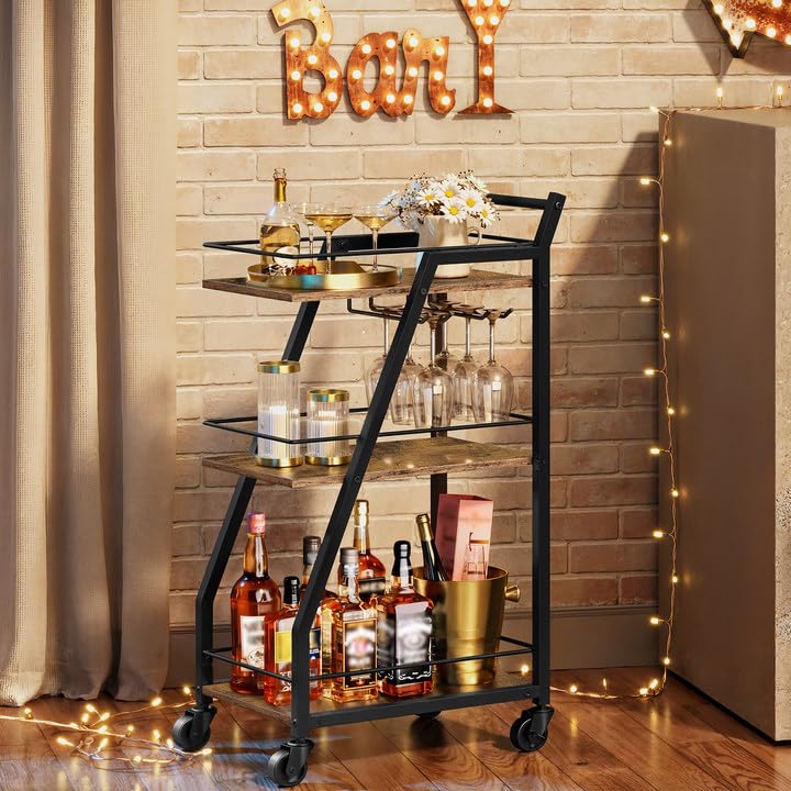 Bar Cart, 3-Tier Home Bar Serving Cart with Wheels, Drink Cart with Glass Holder, Beverage Cart, Rolling Kitchen Cart, for Home, Living Room, Rustic Brown and Black BC03BR