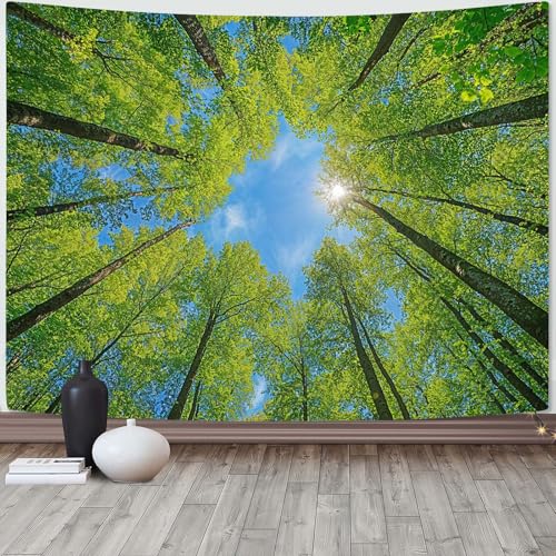Nature Forest Tree Celling Tapestry Lush Green Treetops Sunlit Tapestry for Bedroom Aesthetic Sky Sunlight Canopy Leaves Landscape Tapestries Wall Hanging for Living Room Dorm Office 48 x 36 Inch