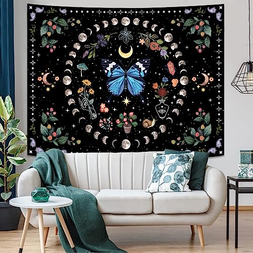 Blue Butterfly Moon Flower Tapestry Botanical Boho Plant Floral Tapestry for Bedroom Aesthetic Hippie Vintage Tapestries Wall Hanging for Living Room Dorm