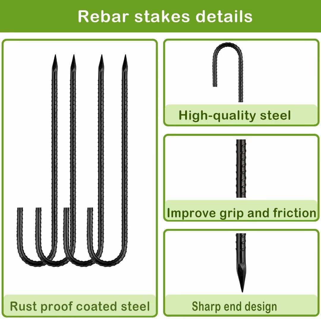 Rebar-Stakes-12-Inch, Ground Stakes Heavy Duty J-Hook Black Coated Anti-Rust Heavy Duty Ground Anchors for Garden Dog Fence Chicken Coop Christmas Decorations Deer Fence 8pcs - HavenBliss Decor