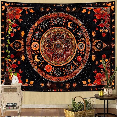 Mandala Moon and Stars Tapestry Boho Tapestry for Bedroom Black and Orange Tapestries Wall Hanging Living Room Wall Art and Home Decor 70x90