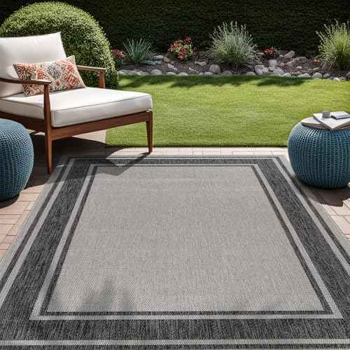 Outdoor Rug 8x10 Modern Bordered Area Rugs for Indoor and Outdoor Patio Deck Porch Garden Waterproof Weather Sun Resistant Washable Outside Carpet (80 Sq Ft)