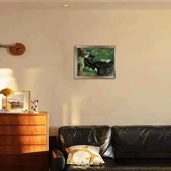 Framed Vintage Woman Reading Book Canvas Wall Art Moody Black and Green Oil Painting Living Room Bedroom Decor Home Artwork