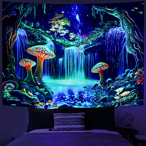 Blacklight Forest Tapestry UV Reactive Waterfall Tapestries Starry Sky Tapestry Fantasy Nature Plant Landscape Wall Hanging Decor for Home