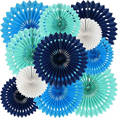 Honeycomb Round Paper Fans Blue White Hanging Party Decoration (11 Count)