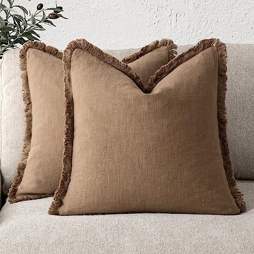 Decorative Linen Fringe Throw Pillow Covers 20×20 Khaki Brown (2 Count)