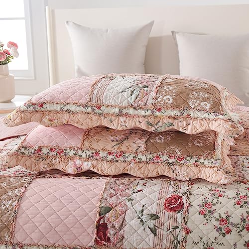 Quilts California King Patchwork Pink Floral Quilt Set Vintage Shabby Chic Botanical Quilted Bedspread 3