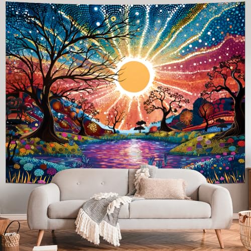 Tree of Life Tapestry Trippy Sun Forest Tapestries Colorful Starry Sky Tapestries Hippie Nature Landscape Tapestry Wall Hanging for Living Room Bedroom