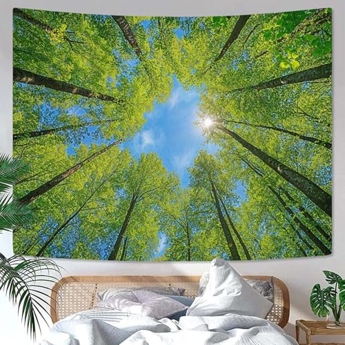 Nature Forest Tree Celling Tapestry Lush Green Treetops Sunlit Tapestry for Bedroom Aesthetic Sky Sunlight Canopy Leaves Landscape Tapestries Wall Hanging for Living Room Dorm Office 48 x 36 Inch