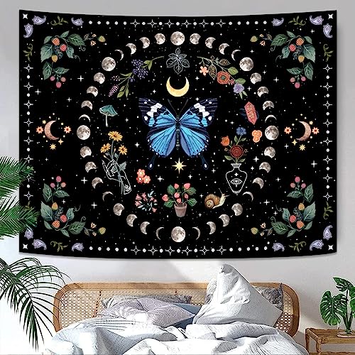 Blue Butterfly Moon Flower Tapestry Botanical Boho Plant Floral Wall Hanging for Bedroom and Living Room