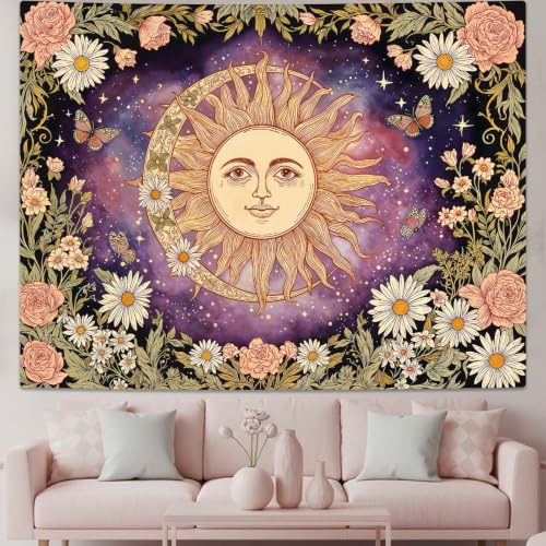Vintage Sun and Moon Boho Hippie Purple Floral Tapestry 60 x 44 Inch