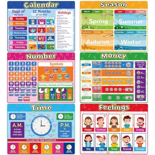 Educational Placemats Set of 6 Preschool Kid Plastic Table Mat 17×13×0.04in (6 Count)