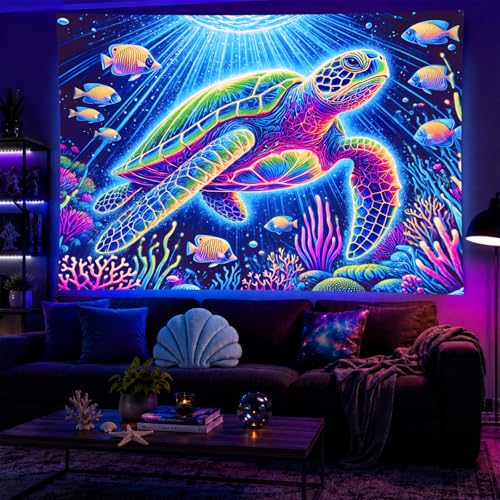 Blacklight Tapestry Sea Turtle Wall Hanging 78 x 59 Inch