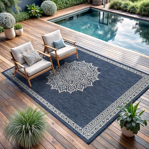 Outdoor Rug 5x7 Medallion Blue Modern Area Rugs for Indoor and Outdoor Patios Kitchen and Hallway Mats Washable Porch Deck Outside Carpet (35 Sq Ft)