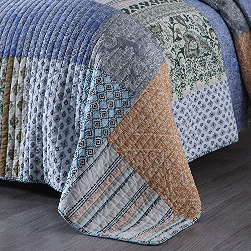 Cotton Bedspread Quilt Sets 3 Pieces Reversible Coverlet Sets Comforters Blue Bohemian Paisley Patchwork Bedspread (3 Count)