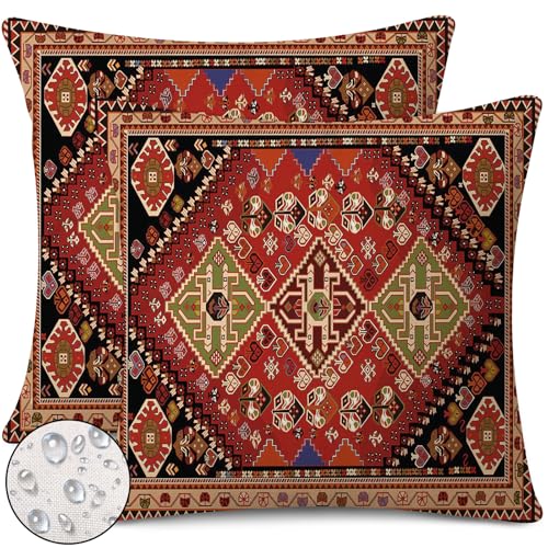 Outdoor Waterproof Pillow Covers 18x18 Inch Set of 2 Tribal Abstract Red and Black Vintage Carpet Pattern Decorative Farmhouse Pillow Covers for Couch Garden Balcony (8 Count)