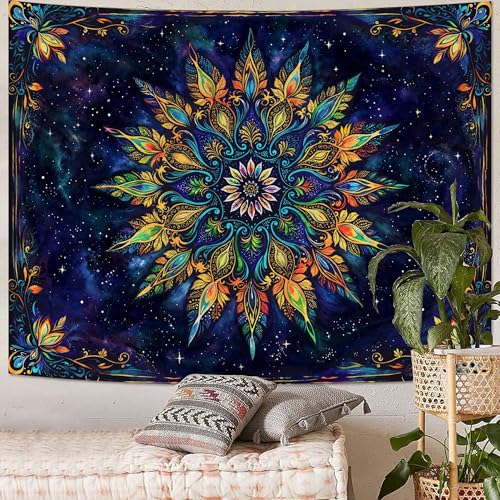 Boho Floral Mandala Tapestry for Bedroom Aesthetic Blue Bohemian Colorful Flower Wall Tapestry Purple Hippie Indian Small Tapestries Wall Hanging for Living Room Dorm Decor 48 x 36 Inch