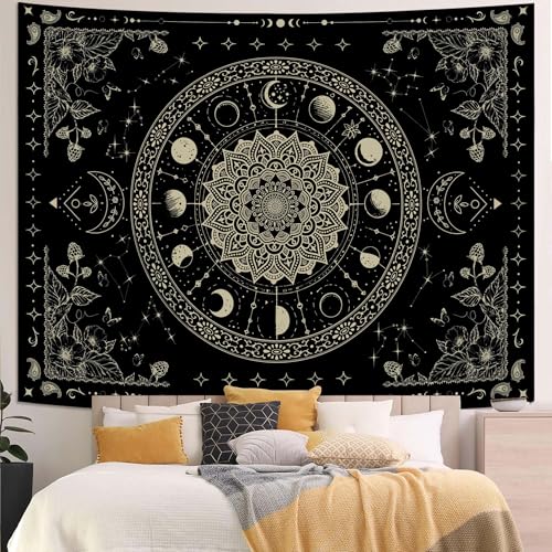 Mandala Moon Tapestry Boho Tapestry for Bedroom Black Tapestries Wall Hanging Living Room Wall Art and Home Decor 60x80