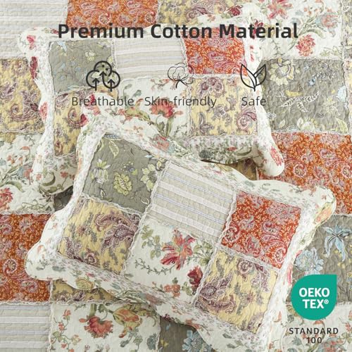 3 Piece Quilt Set Queen Size Quilted Bedspread Reversible Country Style Floral Real Patchwork Bedding Quilt Set with Ruffles with Pillowcases for All Seasons