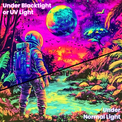 Blacklight Space Astronaut Tapestry UV Reactive Galaxy Planet Glow in Dark Tapestries Black Light Poster Neon Wall Hanging Art for bedroom Living Room