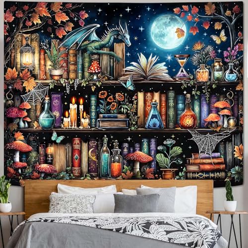 Dragon Bookshelf Tapestry Witchy Mushroom Bookshelf Tapestries Wall Hanging Gothic Medieval Fantasy Moon Dark Academia Book Large Tapestry for Bedroom Living Room Dorm 80 x 60 inch