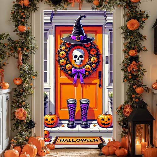 Halloween Door Cover Skull Witch Hat 35x71 Inch Polyester