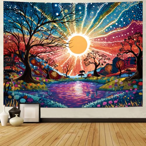 Tree of Life Tapestry Trippy Sun Forest Tapestries Colorful Starry Sky Tapestries Hippie Nature Landscape Wall Tapestry Aesthetic Vintage Wall Hanging for Living Room Bedroom