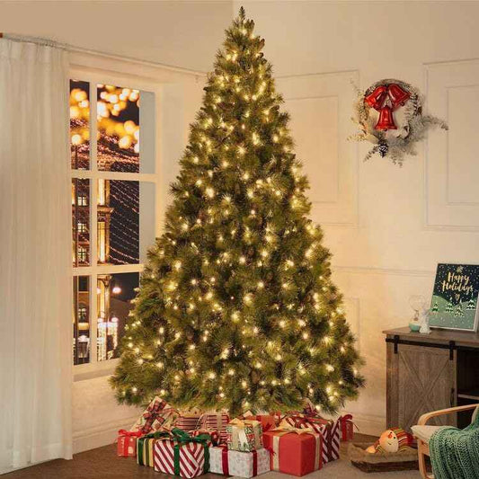 9ft Christmas Tree with Lights Realistic Traditional Christmas Tree Prelit with Pine Cones Foot Pedal 2294 Branch Tips 1050 Warm Lights and Metal Stand Aritificial