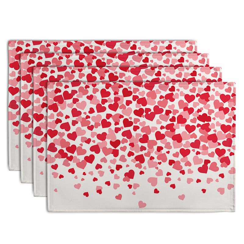 Valentine's Day Pink Love Heart Placemats Set of 4 Valentine Dining Place Mat Heat Resistant Washable Wedding Anniversary Rectangle Table Mat for Outdoor Kitchen Home Party 12x18 Inch (4 Count)