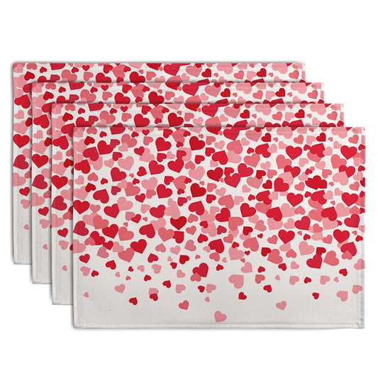 Valentine's Day Pink Love Heart Placemats Set of 4 Valentine Dining Place Mat Heat Resistant Washable Wedding Anniversary Rectangle Table Mat for Outdoor Kitchen Home Party 12x18 Inch (4 Count)
