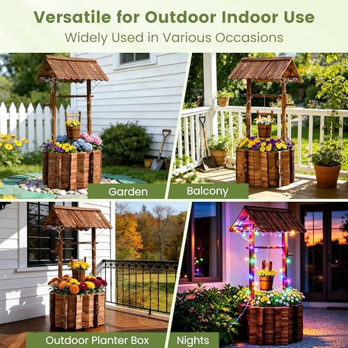 54" Outdoor Wooden Wishing Well Planter with Colorful LED Lights
