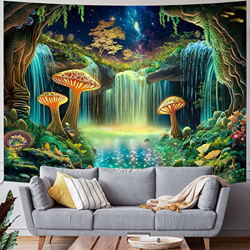 Blacklight Fantasy Forest Tapestry UV Reactive Waterfall Tapestries Starry Sky Tapestry Neon Nature Plant Wall Hanging Decor for Home