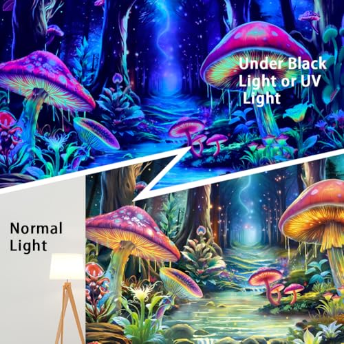 Blacklight Mushroom Tapestry Fantasy Forest Tree Tapestries UV Reactive Floral Plant Tapestries Neon Glow in The Dark Tapestry Wall Hanging for Bedroom Aesthetic Decor