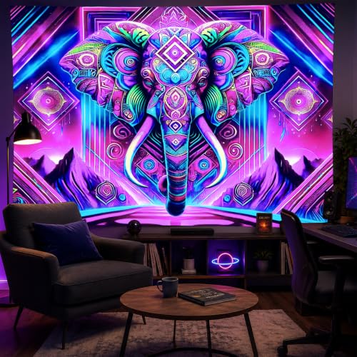 Blacklight Tapestry Elephant Neon Wall Art 78 x 59 Inch