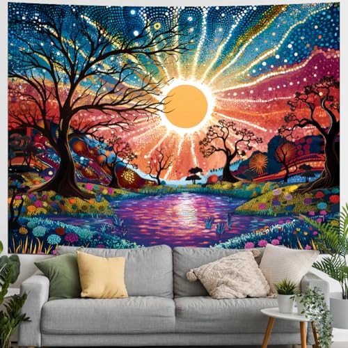 Tree of Life Tapestry Trippy Sun Forest Tapestries Colorful Starry Sky Tapestries Hippie Nature Landscape Tapestry Wall Hanging for Living Room Bedroom