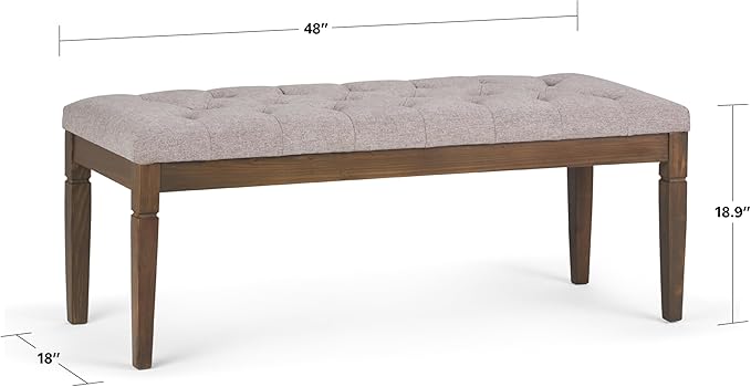 SIMPLIHOME Waverly Tufted Ottoman Bench - 48 inch Wide Upholstered Linen Look Fabric Rectangle Footstool Ottoman in Cloud Grey, Traditional Bench for Bedroom, Entryway or Living Room with Carved Legs