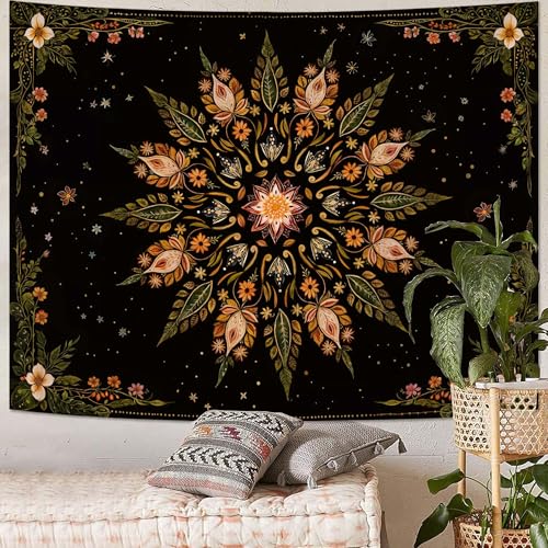 Boho Floral Mandala Tapestry for Bedroom Aesthetic Vintage Bohemian Flower Wall Tapestry Black Green Hippie Indian Extra Large Tapestries Wall Hanging for Living Room Dorm Decor 90 x 68 Inch