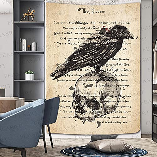 Raven Tapestry Edgar Allan Poe Poem Tapestry Gothic Skull Dictionary Tapestries Wall Hanging Background 60x80 Inches Living Room Bedroom Home Dorm